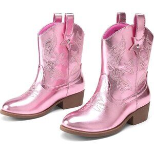 ⚡Girls Pink Cowgirl Boots With Low Heel Western Embroidered Fashion Mid Calf